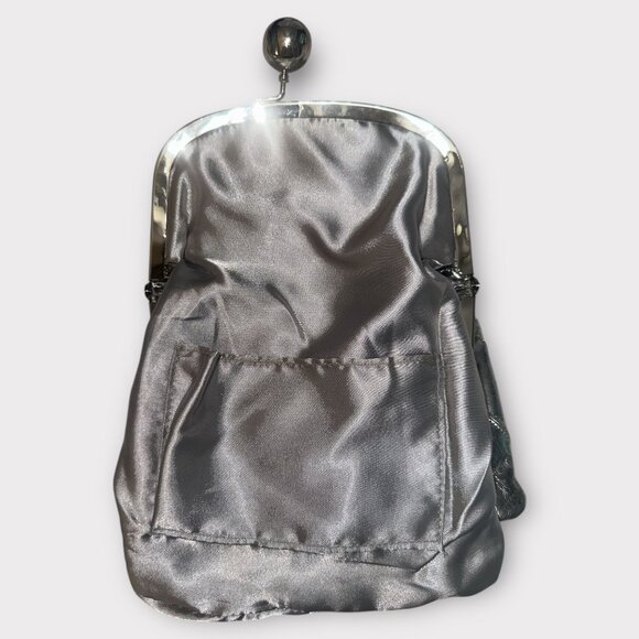 Bebe Purse Silver Leather Fold Over Kiss Lock Clutch Dome Frame Evening Handbag - Picture 9 of 9